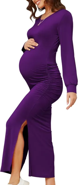 Women's Maternity Dress Long Sleeve Bodycon Split Maxi Dresses for Baby Shower 2025 Spring Pregnancy Clothes