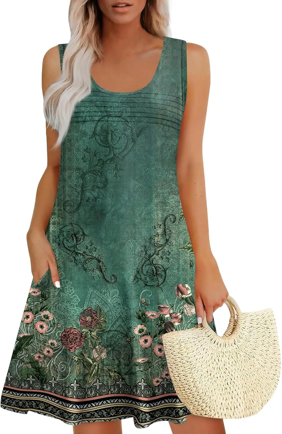 Womens Summer Dresses Printed 2025 Dress with Pocket Sleeveless Casual Swimsuit Coverup V Neck Vacation Sundress