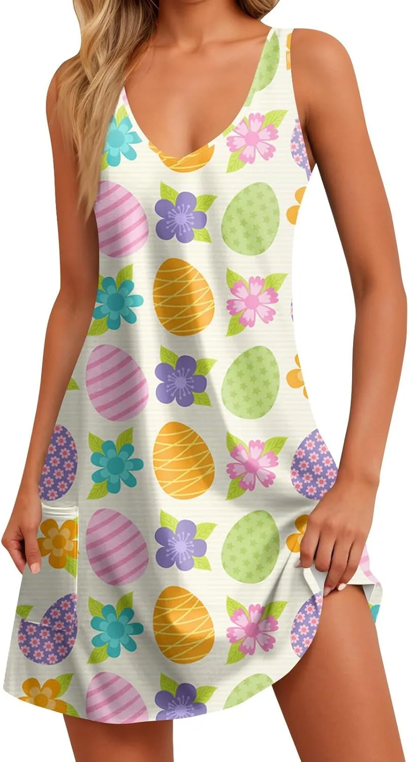 Womens Summer Dresses Vacation V Neck Dress with Pocket Printed 2025 Swimsuit Coverup Beach Sleeveless Sundress