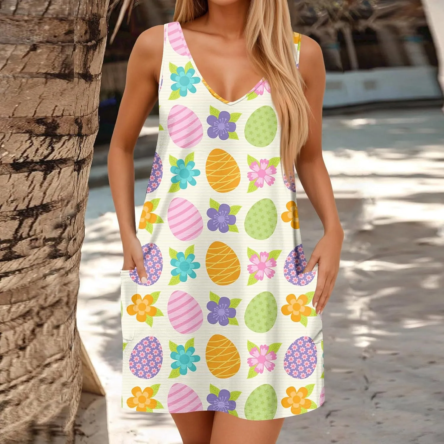 Womens Summer Dresses Vacation V Neck Dress with Pocket Printed 2025 Swimsuit Coverup Beach Sleeveless Sundress