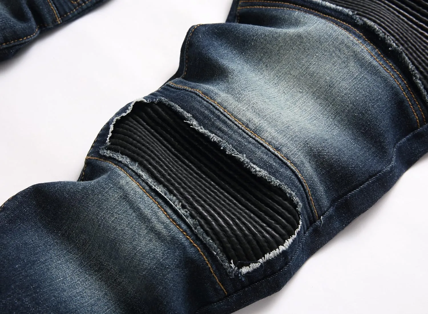 XIMXIMMTIAN Men's Biker Moto Washed Distressed Slim Fit Straight Jeans Denim