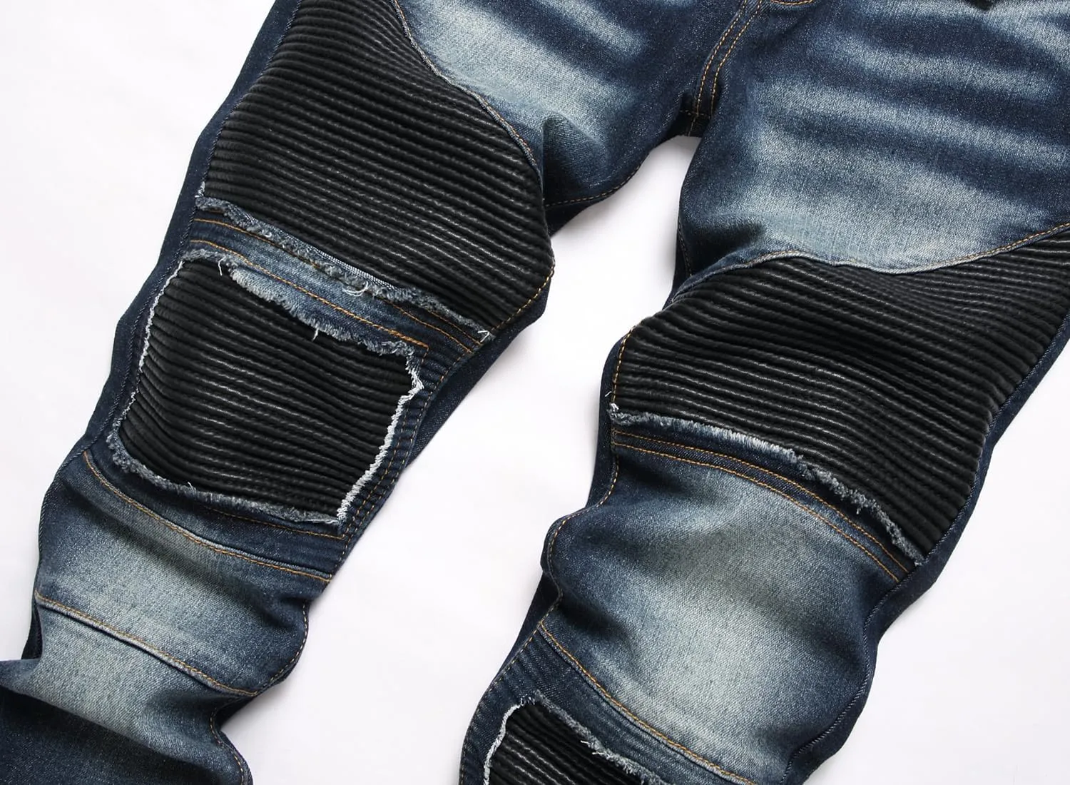 XIMXIMMTIAN Men's Biker Moto Washed Distressed Slim Fit Straight Jeans Denim