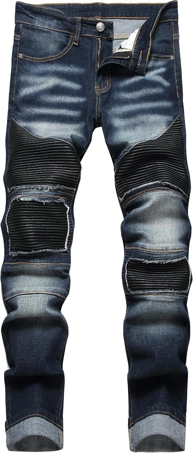 XIMXIMMTIAN Men's Biker Moto Washed Distressed Slim Fit Straight Jeans Denim