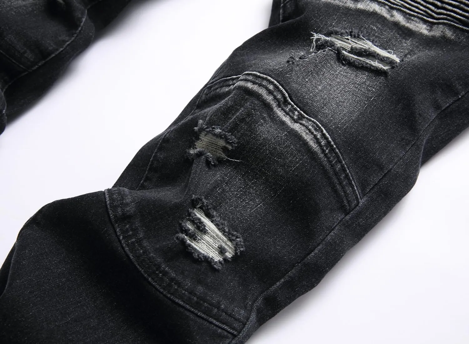 XIMXIMMTIAN Men's Biker Moto Washed Distressed Slim Fit Straight Jeans Denim