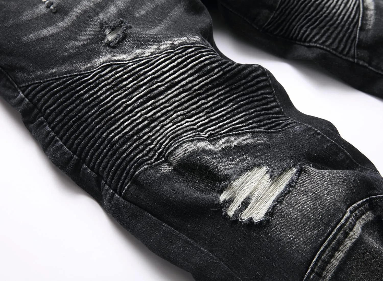 XIMXIMMTIAN Men's Biker Moto Washed Distressed Slim Fit Straight Jeans Denim