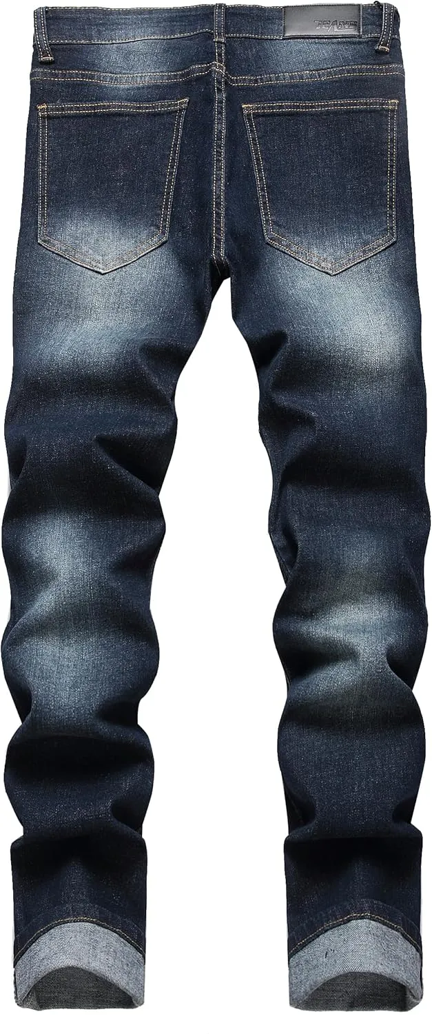 XIMXIMMTIAN Men's Biker Moto Washed Distressed Slim Fit Straight Jeans Denim