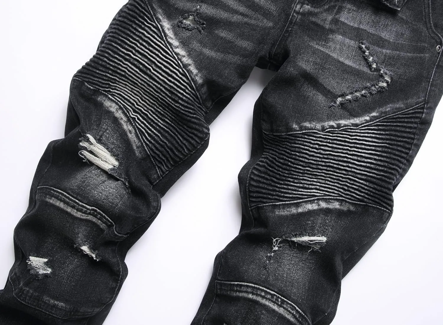 XIMXIMMTIAN Men's Biker Moto Washed Distressed Slim Fit Straight Jeans Denim