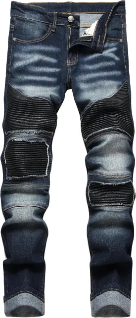 XIMXIMMTIAN Men's Biker Moto Washed Distressed Slim Fit Straight Jeans Denim
