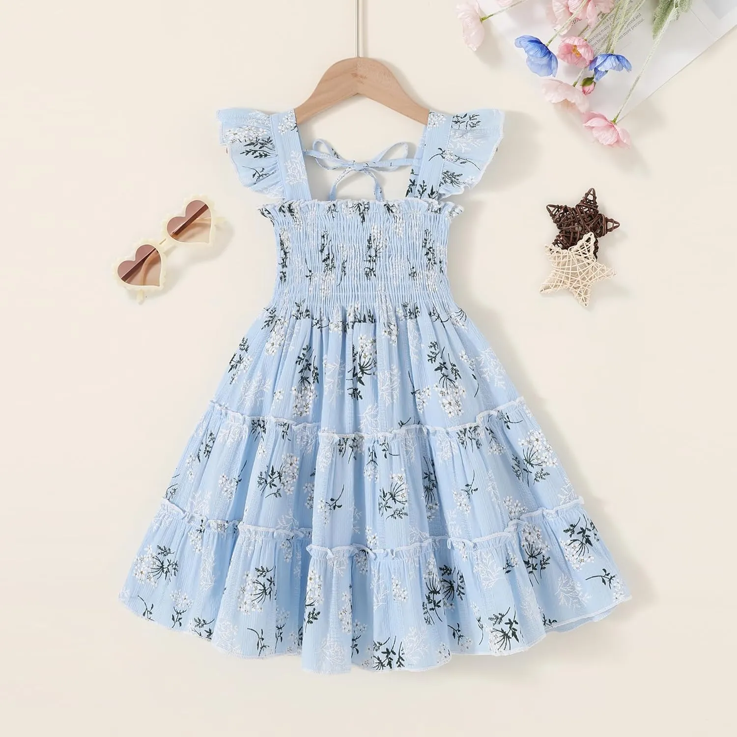 YOUNGER TREE Toddler Girl Dress Baby Girls Summer Clothes Ruffle Sleeve Floral Smock Beach Boho Dresses Sundress