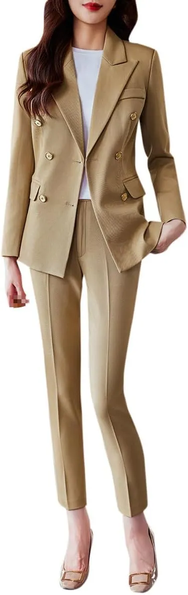 YYNUDA Women's Business Suit Set Double Breasted 2 Piece Office Work Blazer Pantsuit